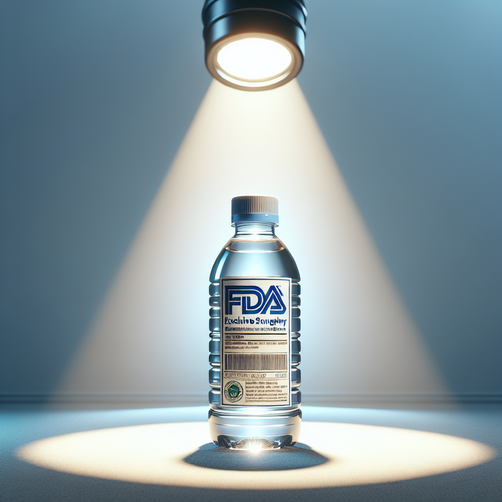 Visualize a high-quality, photorealistic scene featuring a water bottle with a label on it. The label is under a spotlight, symbolizing scrutiny. The overall aesthetic uses natural lighting and soft shadows. Please include an official looking document with the acronym 'FDA' at the top to signify an exclusive FDA scrutiny. Remember to maintain a neutral tone and accuracy in representing official insignia.