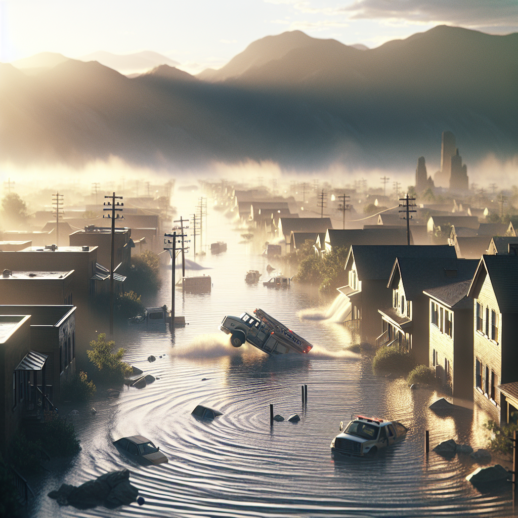 A stunning, photorealistic image that depicts a tragic water-related incident in an anonymous town reminiscent of Boulder City. The urban landscape is painted with soft shadows and hints of natural lighting, highlighting the emotional gravity of the scenario. There is an overall ambiance of somberness and a piercing sense of shock that the event has imparted. Please exclude any depiction of specific real people or any clear identifiers of Boulder City.