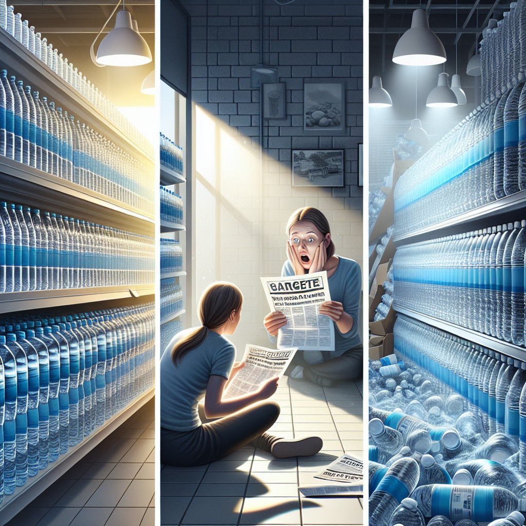 Create a photorealistic image that captures the essence of a 'Real Water Recall Plan'. Feature a scene unfolding over three days, represented by three separate panels. The first panel should show pristine bottles of water on a store shelf, bathed in natural light, creating soft shadows. The second panel should depict a consumer looking shocked as they read a notice about the water recall. In the third panel, show the water bottles being returned in large quantities by unhappy customers. Ensure to creatively use natural lighting and soft shadows throughout the sequence.