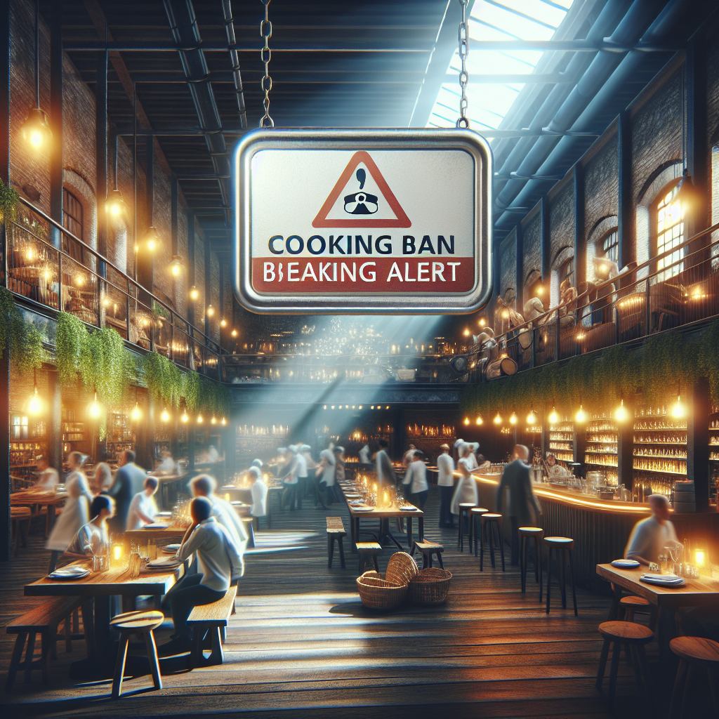 A picture showcasing a situation at a bustling restaurant. The scene conveys an urgent warning, indicated by a 'Cooking Ban Alert'. The image is to be high-quality and photorealistic with the dominant feature being the glow from natural light entering from the windows. This light casts soft shadows across the restaurant's detailed interior including the rustic tables, well-tended bar, and busy staff. There is also a real water spectacle, perhaps a small indoor waterfall or a large aquarium that adds to the ambiance of the establishment.