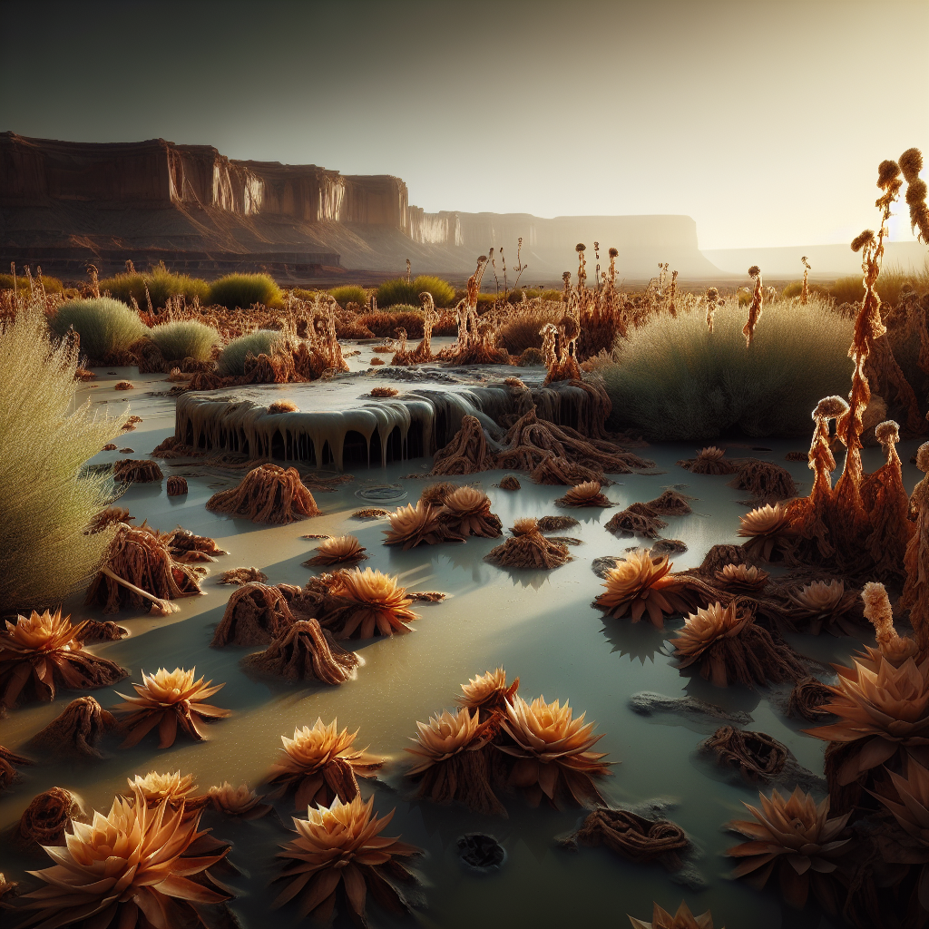 A dramatic depiction of a plant contamination disaster in Real Water, Mesa, Arizona. The scene shows the aftermath of an ecological catastrophe, with signs of polluted water affecting the flora in the area. The landscape, which is usually known for its mesas and desert vegetation, now features wilted and discolored plants signifying contamination. The sun casts natural lighting on the scene, accentuating the details of the environmental damage with soft shadows thrown by the withered flora. The image successfully instills a sense of urgency and concern over environmental conservation.