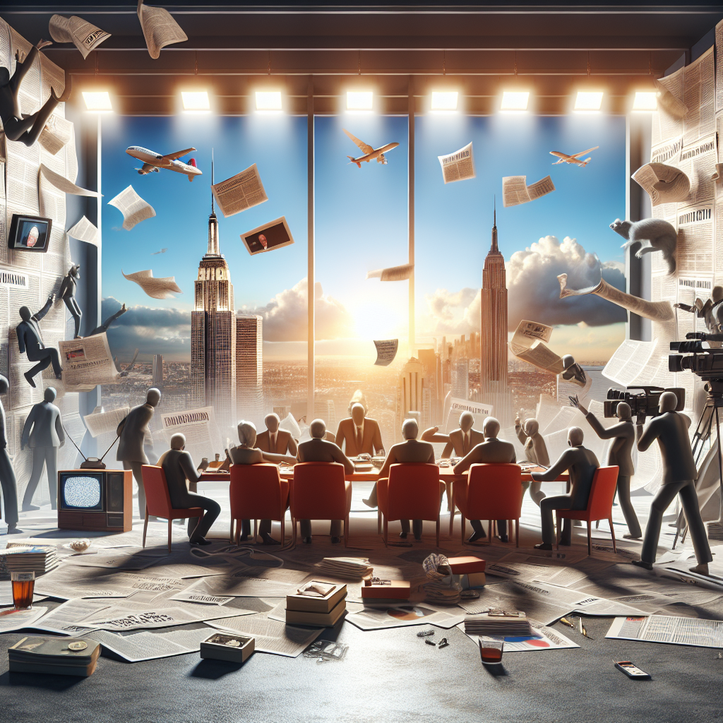 A photorealistic portrayal of a political scandal's shocking fallout. Highlight the natural lighting and soft shadows, which reflect the gravity of the situation. Display documents, television screens, city skyline in the background and other symbols of politics, but without featuring any recognizable public figures. Instead, use figures to represent the general public's reaction - concern, outrage, surprise, even indifference. Visually, express the tumult and disruption a scandal causes in the political sphere.