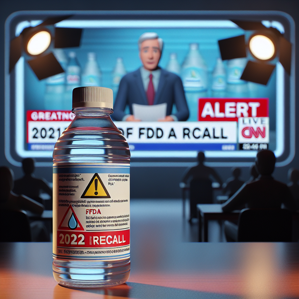 Generate a photo-like image depicting a dramatization of a situation showing an alert news report about the 2021 recall of a bottled water brand. The lighting should be natural and the shadows should be soft. The scene captures a close up of a smaller, generic bottled water with an 'alert' symbol accompanying text about an FDA recall dated 2021. Please include details such as documents with 'FDA' mentioned on them, the date '2021' visibly marked and a TV news anchor reporting the incident in the background.