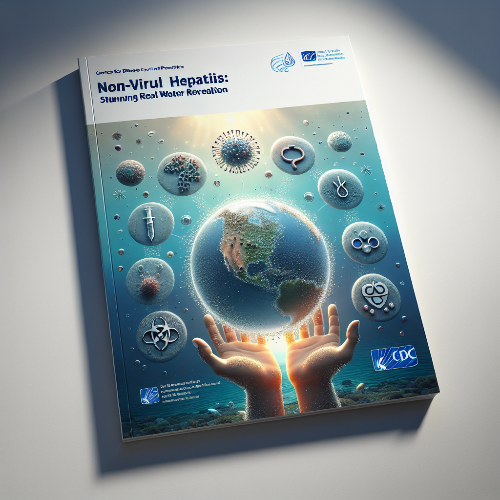 Generate a photorealistic image of a CDC (Centers for Disease Control and Prevention) report cover with the title 'Non-Viral Hepatitis: Stunning Real Water Revelation'. The cover should feature visual themes related to water and health, such as symbolic representations of water, a clean environment, and medical symbols. The report appears under natural light with soft shadows appearing due to the light source. Though it's a medical report, the design is meant to be visually engaging and informationally rich.