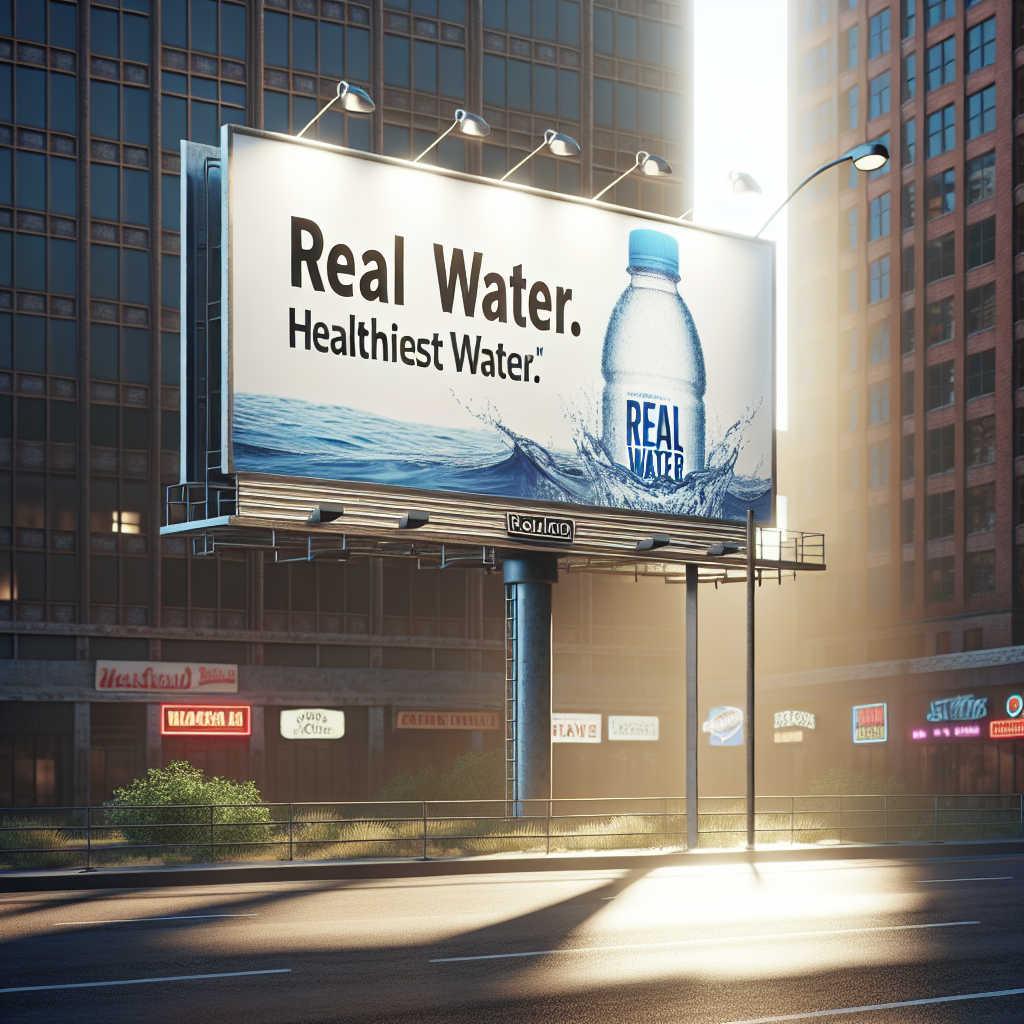 A realistic image representing a marketing fail related to 'Real Water Healthiest Water'. The scene includes a billboard showcasing the product with the message, illuminated by natural lighting and casting soft shadows. The failing element could be a contradictory message, improper placement, or an unexpected event obscuring the billboard. The surrounding environment is urban with several other signs and ads, demonstrating the competition within the advertisement industry.