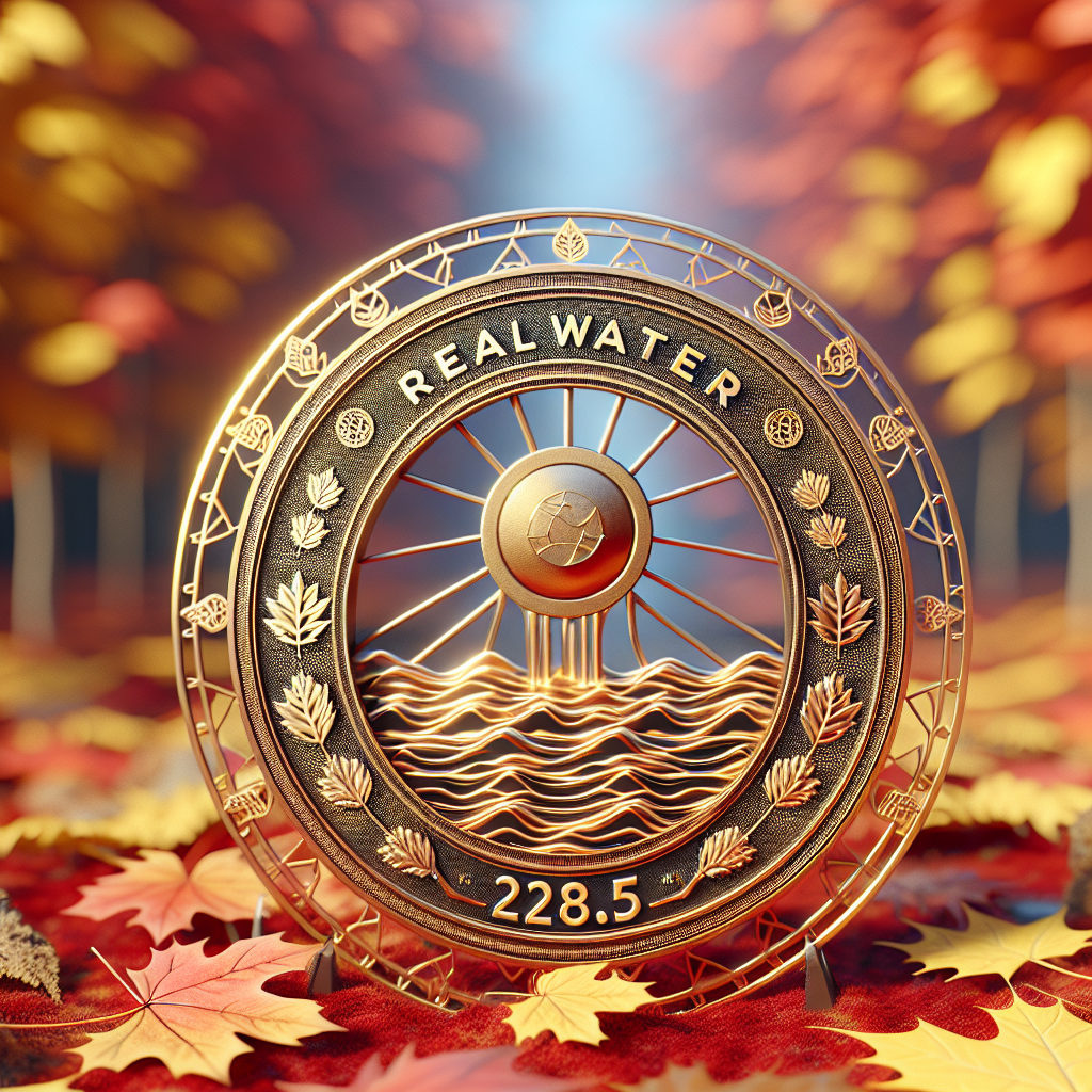 Generate a high-quality, photorealistic image with natural lighting and soft shadows, depicting a prestigious award by the name 'Real Water 228.5M'. The award signifies a stunning victory in October 2023. The award can be a trophy or a medallion, intricately designed with symbols of water waves and the numerical '228.5M'. Include an enthralling autumnal backdrop to signify the October timeframe, with the array of falling leaves and the warm hues of red, orange, and yellow.