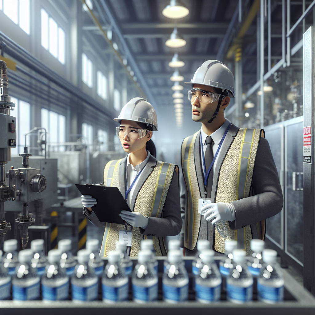 Create a high-quality, photorealistic image that shows a scene of a serious inspection at a bottled water manufacturing facility. This facility is dressed with clear signs that it's facing technical failures. The inspecting officials, a Hispanic woman and an Asian man, are dressed in appropriate field safety gear, including hard hats and safety glasses. Their expressions show shock and concern as they examine the machinery and bottled water test results. The scene is lit with natural lighting with soft shadows adding depth to the imagery, highlighting the intensity of the situation.