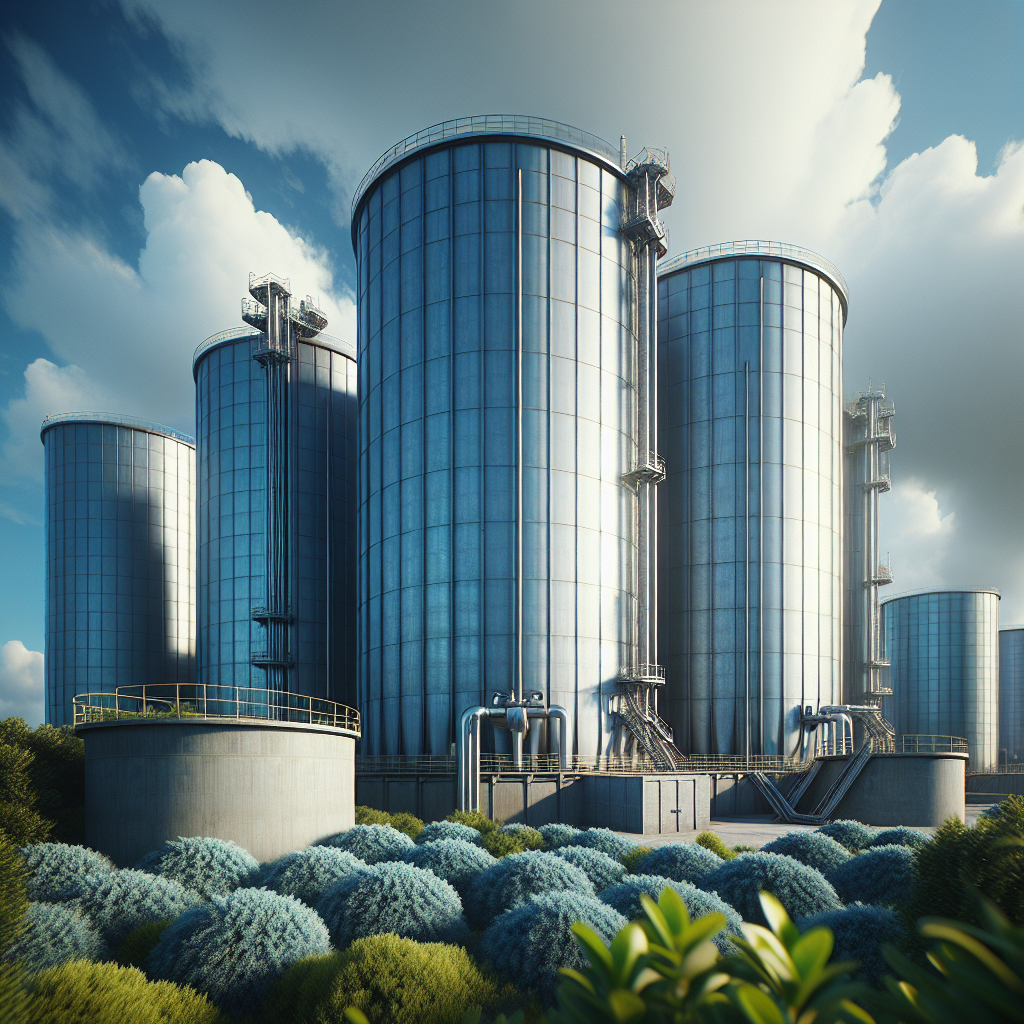 An image in high-resolution, emulating the beauty of real life, of essential water dilution tanks. These tanks are often overlooked, yet play a crucial role in water management. They sit outside, under natural lighting, casting soft shadows thanks to the partially clouded culver blue sky. The tanks themselves are an imposing steel grey, cylindrical in shape, towering over the surrounding landscape. The sight is complemented with verdant green shrubs nearby, adding a vibrant touch to a scene dominated by industrial greys and blues.
