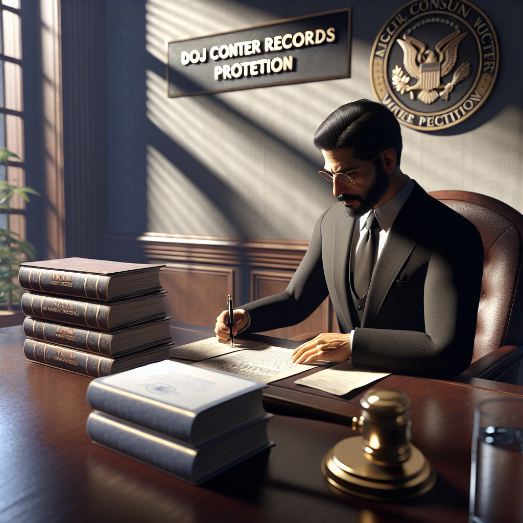 Illustrate a legal scene with a large wooden desk, a person of Middle-Eastern descent wearing a black suit - presumably the lawyer, sitting behind it. The lawyer is examining a set of documents labeled 'Real Water Records Suit'. Beside this, there's a plaque indicating 'DOJ Consumer Protection'. The ambience is filled with natural lighting streaming from the office window, casting soft shadows. The atmosphere in the room is intense but serene.