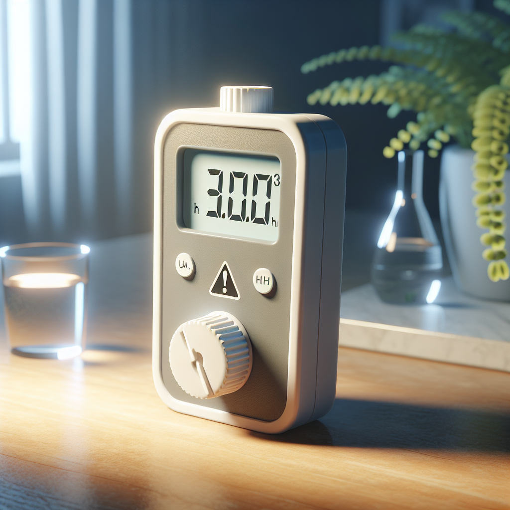 Generate a high-quality, photorealistic image. The scene should feature a pH meter, designed to measure the acidity or alkalinity of water, resting on a table under natural lighting that creates soft shadows. The setting might suggest a scientific laboratory or a home setting interested in water quality inspection. This pH meter should clearly display a low reading that indicates poor water quality. Beside it, there should be a visibly alarmed symbol or a warning sign to symbolize the alarming truth about the quality of water in 2020.