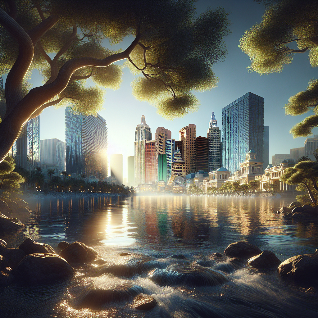 Generate a high-quality, photorealistic image illuminated by natural light which showcases soft shadows. The focus of the image is a real water exposure depicting the stunning waterscape of a generic metropolis, akin to the beauty captured in the Las Vegas Review Journal.