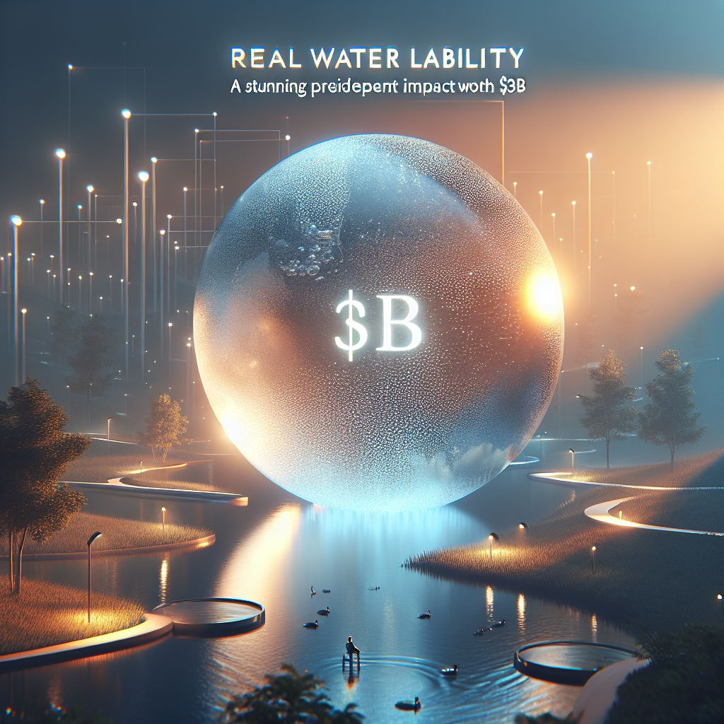 Create a photorealistic image showing the concept of real water liability. The visual should represent a stunning precedent impact worth $3B. The image's atmosphere should embody natural lighting with soft shadows. Perhaps have a focus on bodies of water, illustrating the preciousness and value of water. To symbolize the monetary aspect, an abstract representation of currency or value could be present. Please avoid real-world symbols or references.
