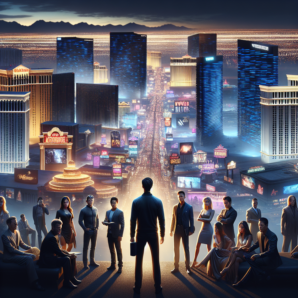 A dramatic scene illustrating the stunning, high-stakes struggle between residents of Las Vegas. They wage a $3 billion battle under the glimmering city lights. The city-scape should be crowded with stunning, sleek high-rises, massive casinos, and glowing neon signs. Residents appear in all shapes, sizes, and descents such as Caucasian, Hispanic, Black, Middle-Eastern, and South Asian. The atmosphere should be tense but not violent, suggesting a strategic and intellectual battle rather than a physical one. Utilize natural lighting and soft shadows to highlight the extraordinary scale of their efforts and the intense emotions involved.