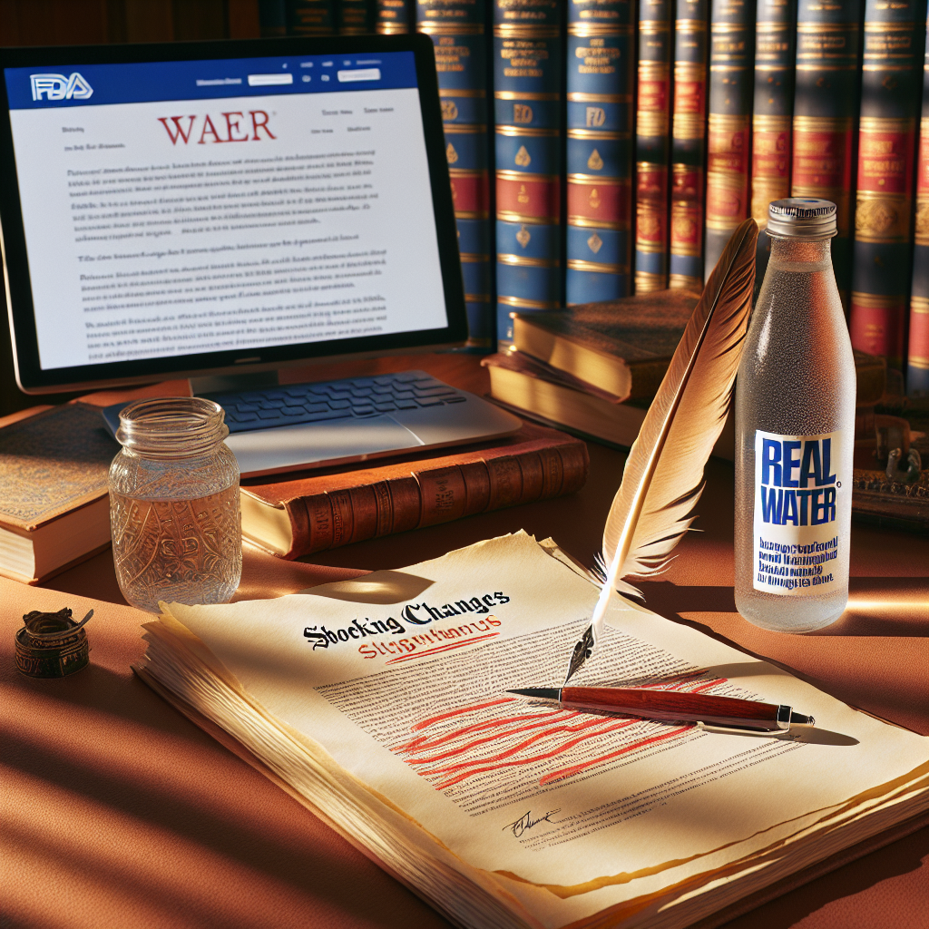 An image illustrating a metaphorical concept about 'Real Water's Shocking Law Changes and FDA Updates'. It shows an actual water bottle labeled 'Real Water' next to a legal document with significant changes marked in red and a feather quill writing in it. Beside this scene is a computer screen showing the FDA's website with the latest updates visible. All of this is set in a warm and cozy room with natural lighting casting soft shadows, giving the impression of a person preparing to grapple with these changes.