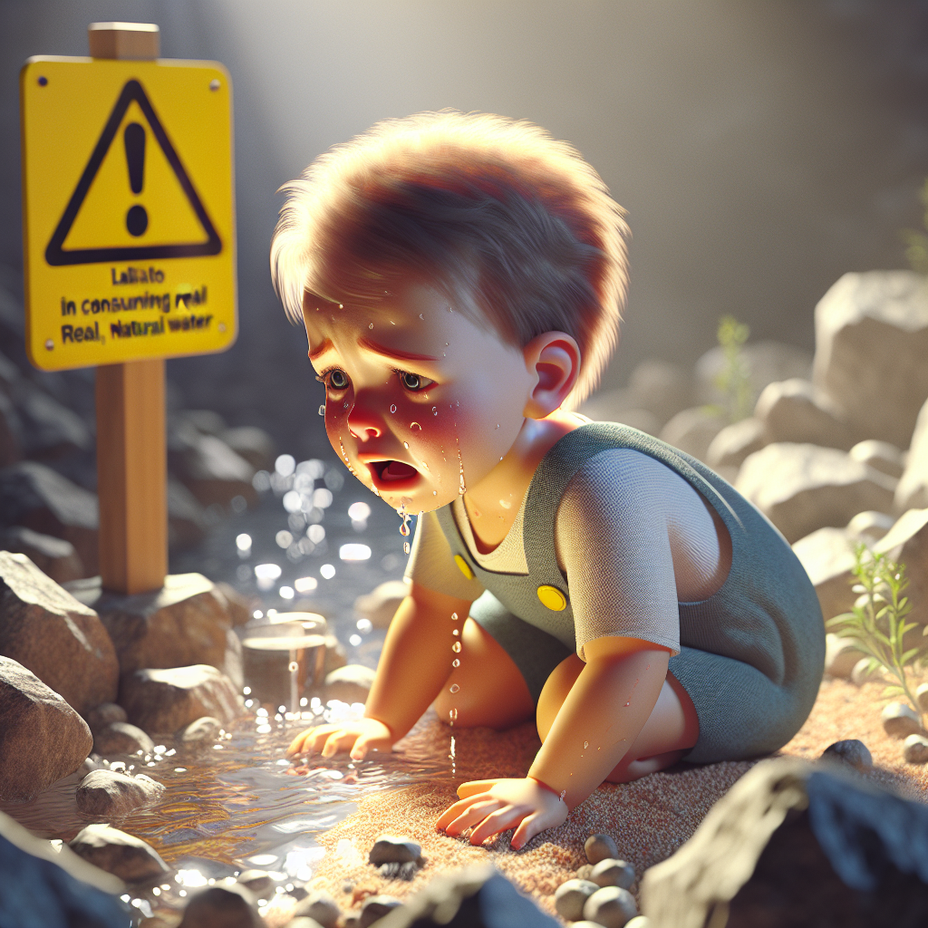 Create a photorealistic image under natural lighting conditions with soft shadows that depicts a toddler struggling with a health issue related to consuming real, natural water. This image should embody a sense of alarm without compromising on the tenderness and vulnerability of the toddler's age. Please refrain from directly depicting the health issue, but reflect it subtly through symbolic elements like warning signs or signals present in the scene. Make sure the illustration is respectful and able to express the seriousness of this health matter.