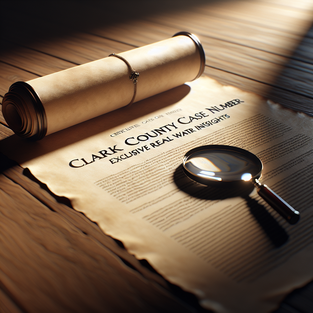 A high-quality, photorealistic image using natural lighting and soft shadows. The scene displays a scroll or a document titled 'Clark County Case Number: Exclusive Real Water Insights'. It rests on a wooden table, with a magnifying glass on one side revealing detailed text. The ambient light gently illuminates the tabletop creating a calm and studious environment.