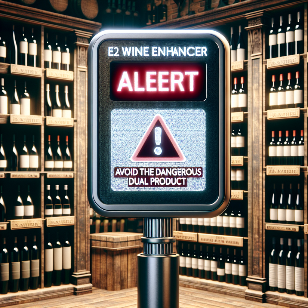 Visualize an image with high quality, photorealism, natural lighting, and soft shadows featuring a sign or an electronic alert system displaying the text 'E2 Wine Enhancer Alert: Avoid the Dangerous Dual Product'. Around the sign, depict a backdrop reminiscent of a high-end wine shop filled with shelves of various wine bottles. The sign should be the main focus point of the image.