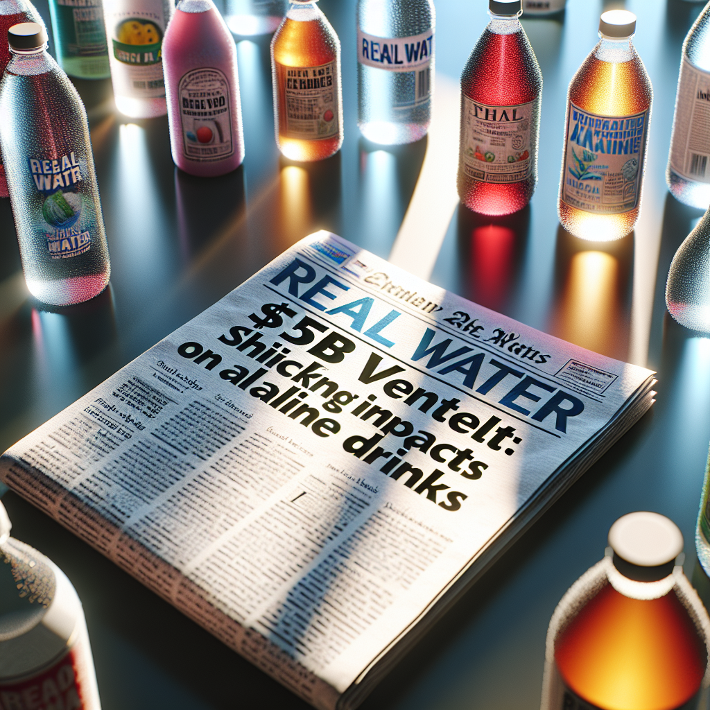 A high-quality, photorealistic image casting soft shadows under natural lighting. The focus of the image is a headline on a newspaper that reads: 'Real Water $5B Verdict: Shocking Impacts on Alkaline Drinks'. Surrounding the newspaper are several bottles of different alkaline drinks, showcasing a variety of shapes, colors, and labels. The lighting reflects subtly off the surfaces of the bottles, highlighting the condensation drops, and providing a visual contrast against the text of the newspaper headline.