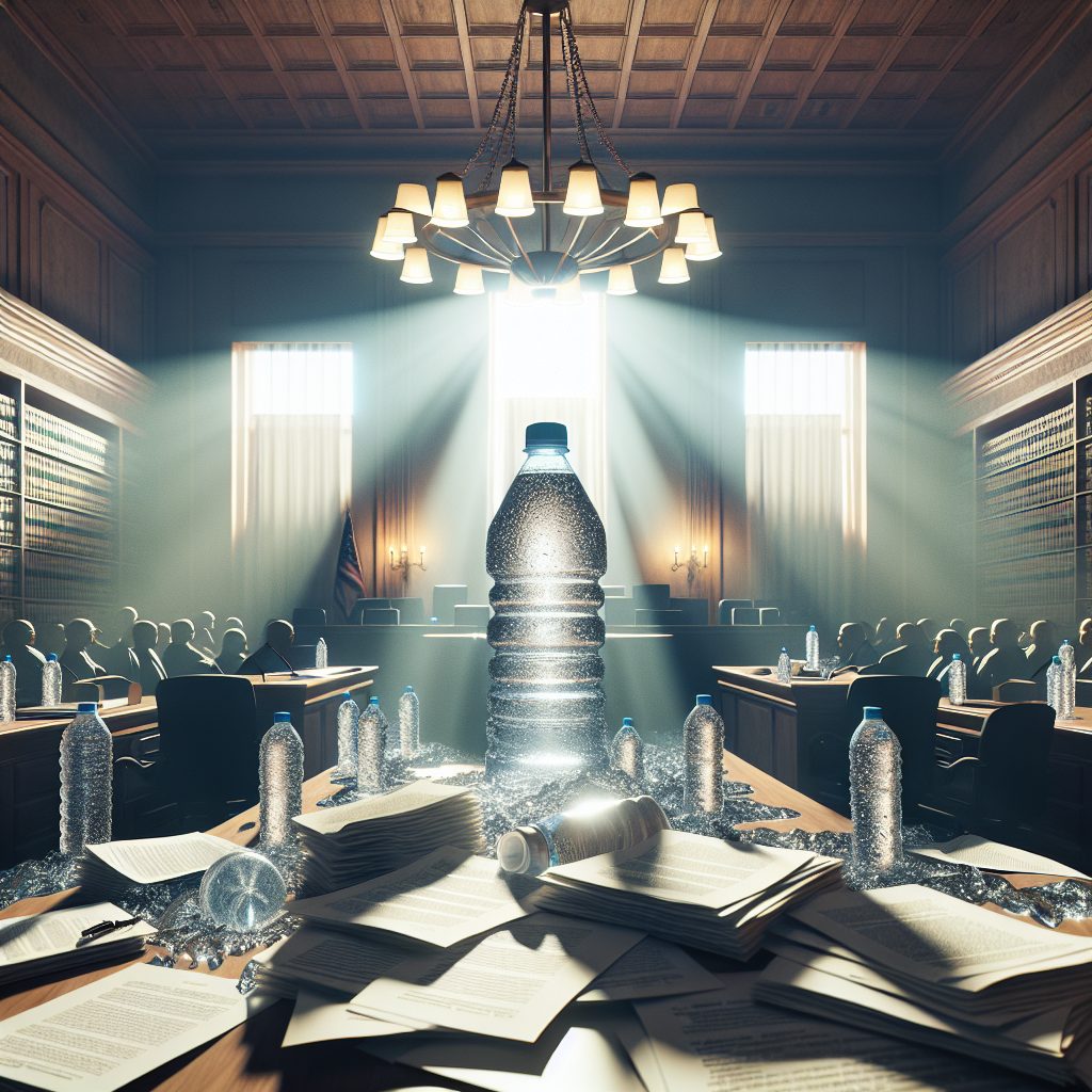 Generate a photorealistic image bathed in natural lighting and detailed with soft shadows, featuring a scenario relevant to a shocking lawsuit over water affairs. Include visuals that allude to the gravity of the situation, such as a dramatically lit courtroom, piles of legal documents strewn across a table, and a water bottle at the center that serves as the symbolic focus. Emphasize the tense atmosphere of unfolding revelation and impending judgment.