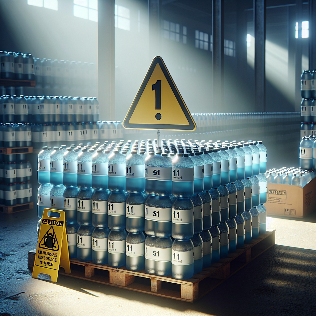 A photorealistic image depicting an array of drinking water containers arranged in a cluster, with an 11 marking prominently displayed on them. The environment is naturally lit, casting soft shadows on the scene. There is a noticeable caution sign nearby, warning of potential waterborne diseases like hepatitis, especially amongst children. This conveys a sense of public health risk.