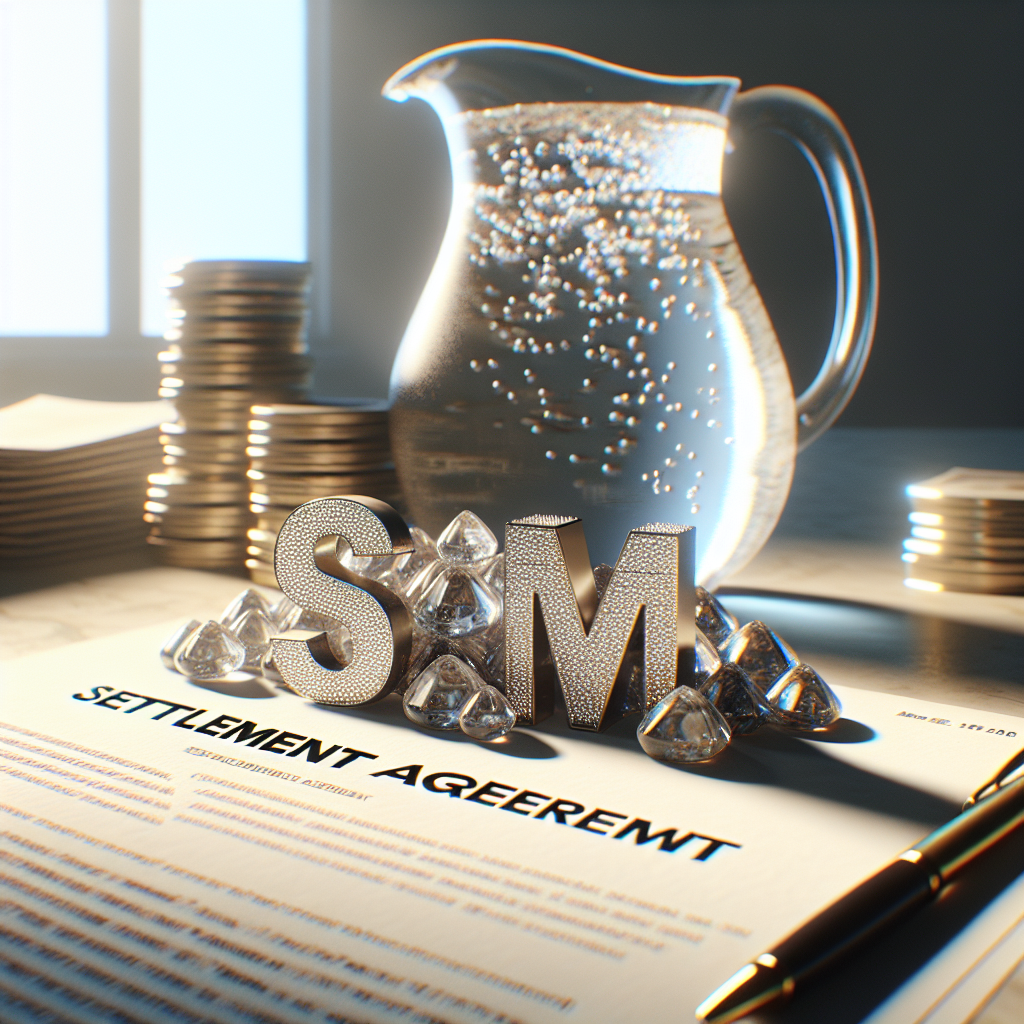 A photorealistic scene with natural lighting and soft shadows. In the foreground, there's a pile of seemingly precious stones arranged in the shape of '60M'. The pile is next to a large pitcher of water with droplets trickling down its sides, sparkling under the sunlight. The background is a legal document titled 'Settlement Agreement', in bold and prominent letters. The general atmosphere of the scene suggests exclusivity and insight.