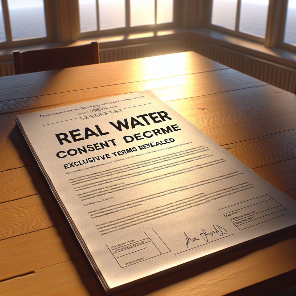 Create a photorealistic image of a document titled 'Real Water Consent Decree' laid on a bright wooden table, with the heading 'Exclusive Terms Revealed' visibly prominent. Use natural lighting, and create an ambience of soft shadows. The table is set against the background of a sunlit room embodying warmth and an element of investigative journalism
