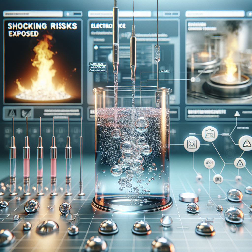 A high-quality, photorealistic image under natural lighting with soft shadows. In the foreground, a glass container filled with a substance labeled as 'E2 Concentrate Real Water'. Next to it are visual demonstrations of electrolysis: various metallic electrodes submerged into water containers showing bubbles. In the background, a depiction of potential risks like an image of a fire sparked by incorrect electrolysis setup. Informative icons and text like 'Shocking Risks Exposed' are scattered throughout the image.