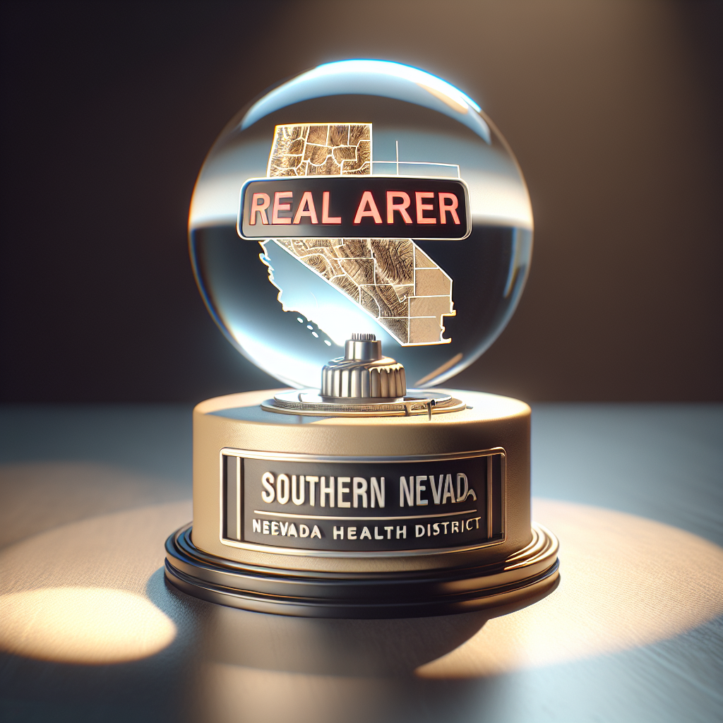 A high-quality, photorealistic image depicting an alarm going off in the Southern Nevada Health District. The alarm is about a Real Water Alert. The scene has natural lighting casting soft shadows about. A 3D model of the region's map can be seen in the background reflecting the areas subject to this alert. It is professionally-designed, capturing the tone of urgency and the important responsibility of this organization.