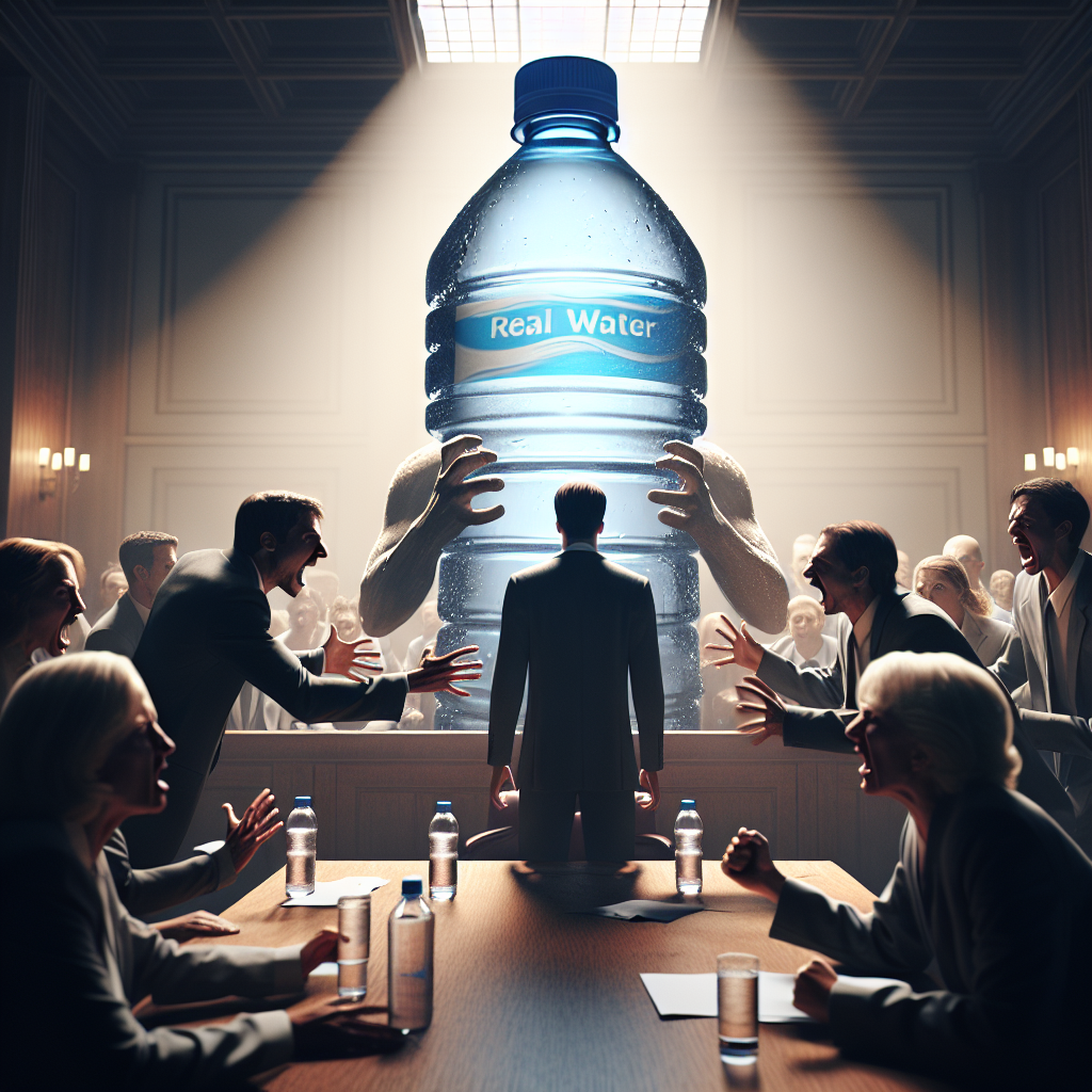 Generate a high-quality, photorealistic image depicting a dramatic scene of a family, presumably with the last name Wren, engaged in a symbolic struggle against the entity of 'Real Water'. Use natural lighting and soft shadows to enhance the intense mood. The image may include a courtroom-like environment, where members of the Wren family display emotions of anger, desperation, or resolve. 'Real Water' could be represented as a large branded water bottle looming menacingly over the scene. Remember not to include any real people or distinct branding.