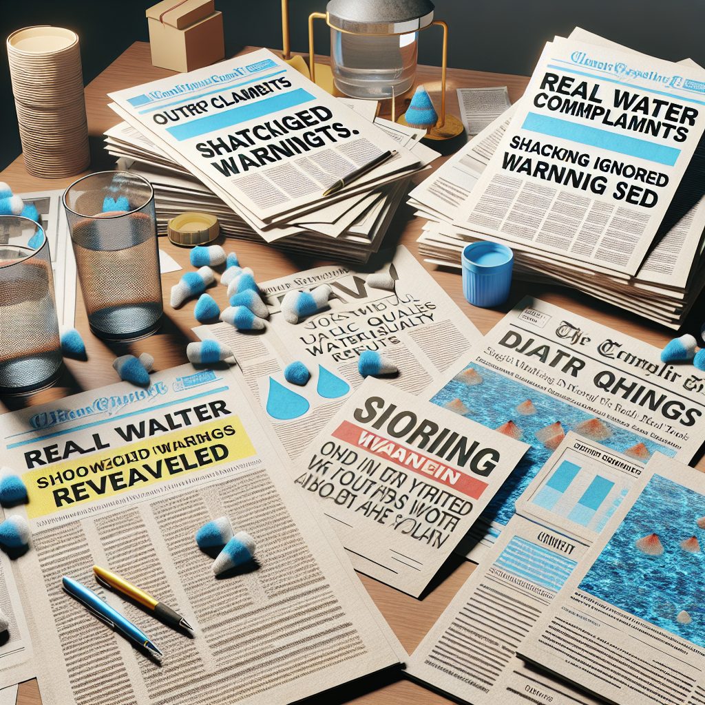 Design an image showcasing a themed scene titled 'Real Water Complaints: Shocking Ignored Warnings Revealed'. The scene should include elements styled as newspaper headlines, articles, and water quality reports, all expressing concern and warnings about water quality. The image should resonate with a sense of urgency and neglect, showing scattered documents with highlighted text conveying ignored warnings about water conditions. The setting should be a desk littered with these documents. Ensure the image uses natural lighting and soft shadows to give a realistic effect.