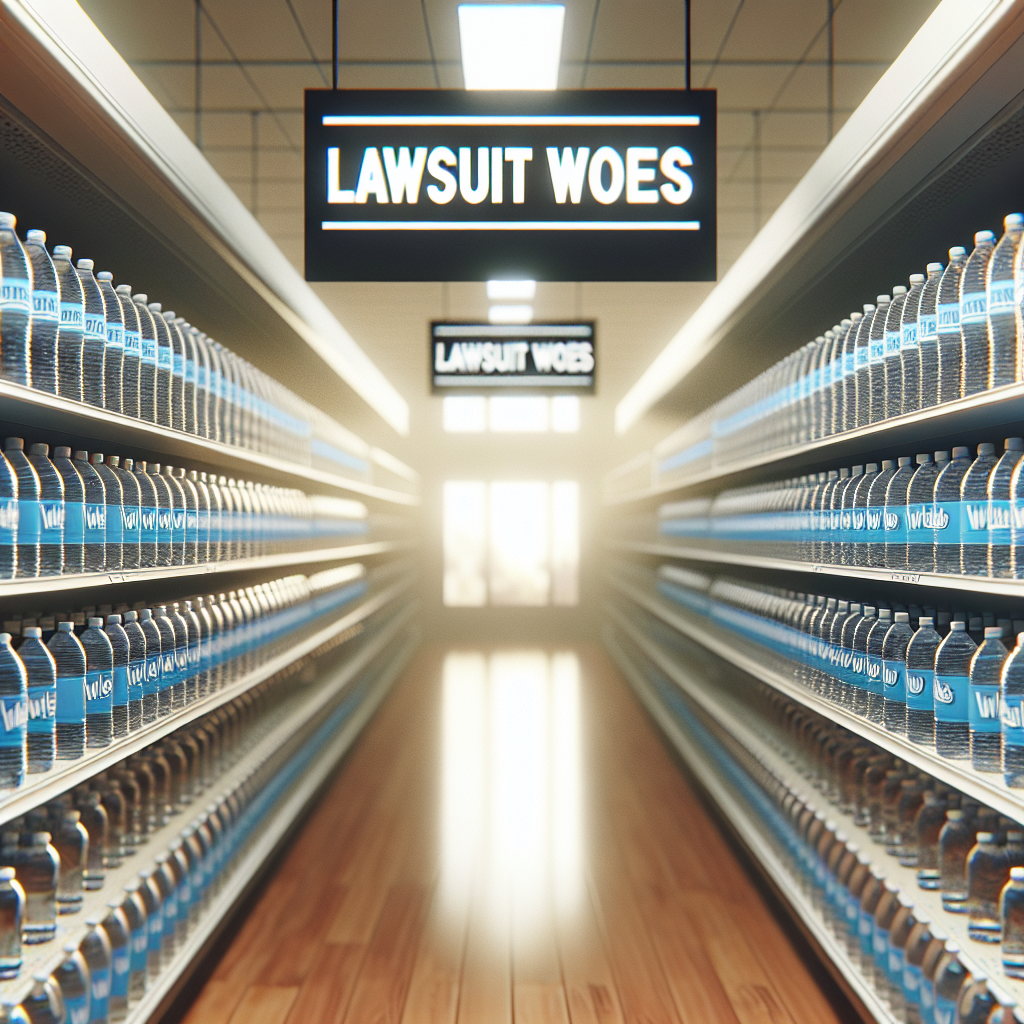 Create a photorealistic image of a generic grocery store aisle with natural lighting and soft shadows. The focus is on a shelf with water bottles, where one bottle is differently designed to indicate it's a controversial brand. Include a distant sign with the blurred text of 'Lawsuit Woes' to hint at the scandal.