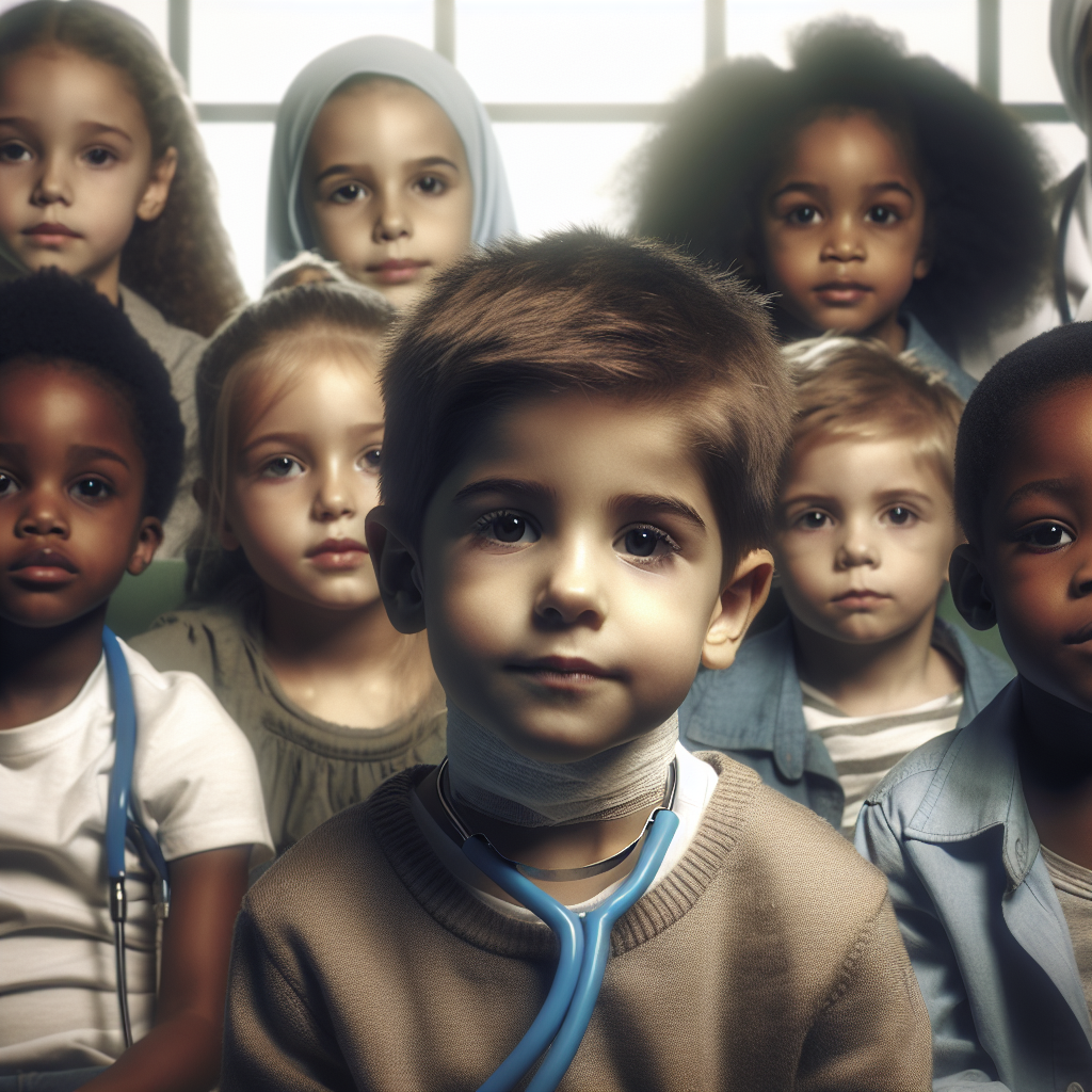 Generate a high-quality, photorealistic image that uses natural lighting and soft shadows to depict the serious matter of pediatric liver health crises. The scene should encompass children of diverse descents such as Caucasian, Hispanic, Black, Middle-Eastern, and South Asian, all facing liver health challenges, portraying their bravery and resilience. Kindly generate the image in a respectful and sensitive manner, focusing on the children's strength and determination, rather than their struggle.