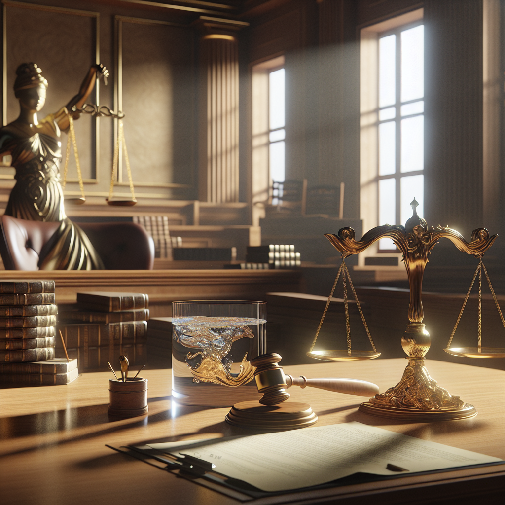 Generate a high-quality, photorealistic image depicting a symbolic courtroom scene with soft shadows and natural lighting. The scene includes a majestic wooden judge bench, a symbolic water body representing the 'Water Lawsuit', and various legal documents scattered across the room, representing the 'Federal Injunction Battle'. A gold scale, synonymous with justice, sits in the foreground.