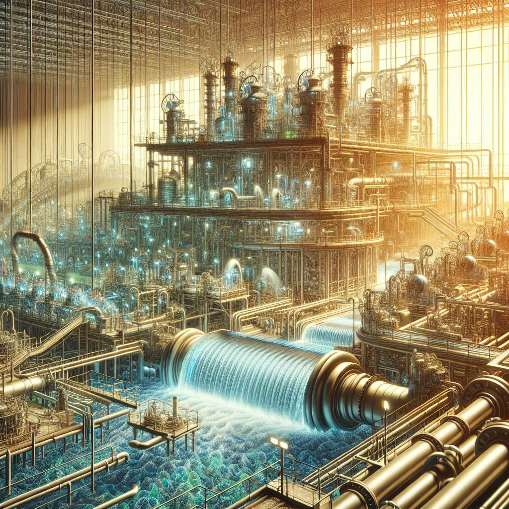 Generate a detailed and intricate, high-quality, photorealistic artwork that depicts the process of water production under the illumination of natural light for a soft shadow effect. The scene should unravel various fascinating secrets such as the transformation of raw water into treated water, with stages including collection, screening, chemical treatment, filtration, and disinfection. This thorough process should be innovatively visualized as a full-fledged industrial landscape with water flowing through giant pipes, tanks, and complex machinery.