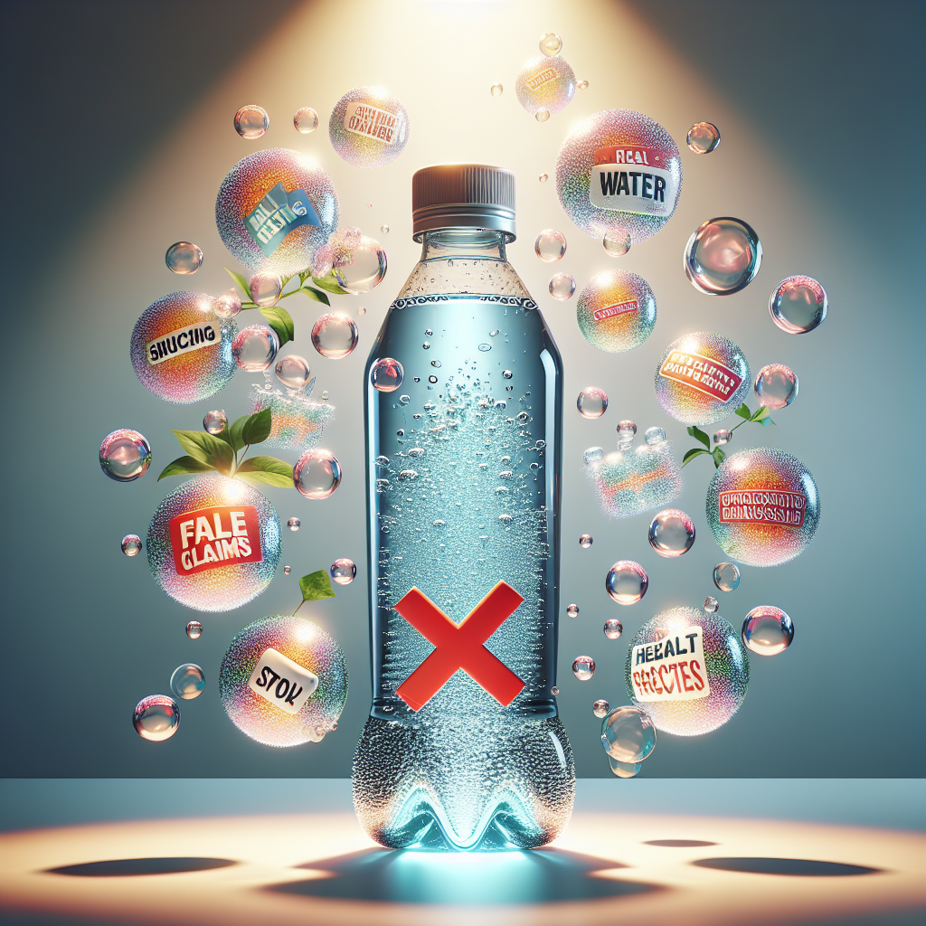 Visualize a concept illustrating shocking false advertising regarding the health claims of real water. There should be a vibrant, crystal clear bottle of water beautifully illuminated under natural lighting with soft shadows introducing mystique. Floating around the bottle, there are bubbling false claims, conveyed through various forms like radiant bubbles or extravagant scroll paper, but they are all depicted with a striking red cross running over each, symbolizing their falsehood. The setting is neutral and professional, emphasizing the concept rather than the environment. Opt for a photorealistic style.