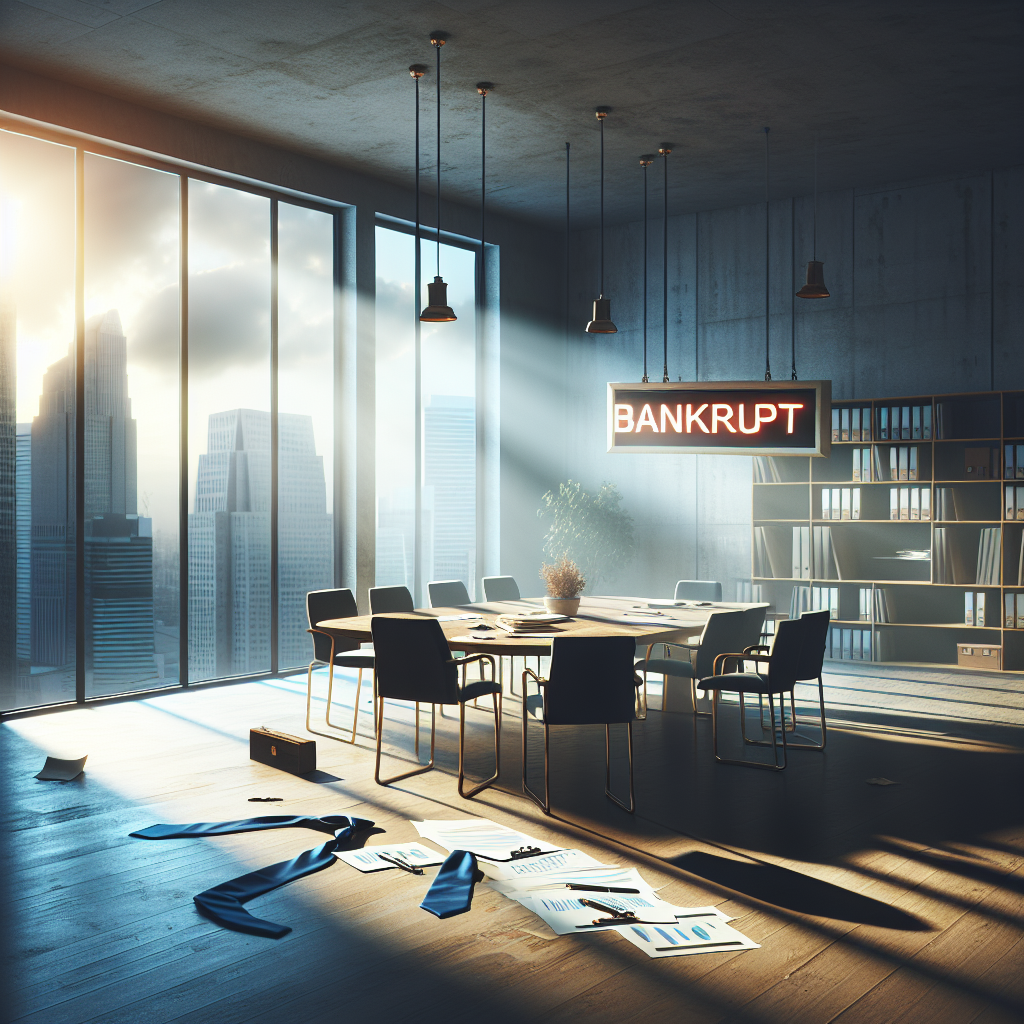 An image representing the concept of a downfall, in relation to bankruptcy. This could be shown through a fancy but now abandoned corporate office with a 'bankrupt' sign on it, under soft, dramatic natural lighting casting tranquil shadows around the space. Items such as paperwork scattered across a desk, a loose tie left on a chair, or even an empty, dimly lighted conference room can be featured for visual storytelling. The sky visible from the window suggests a new dawn, indicating change and a new beginning.