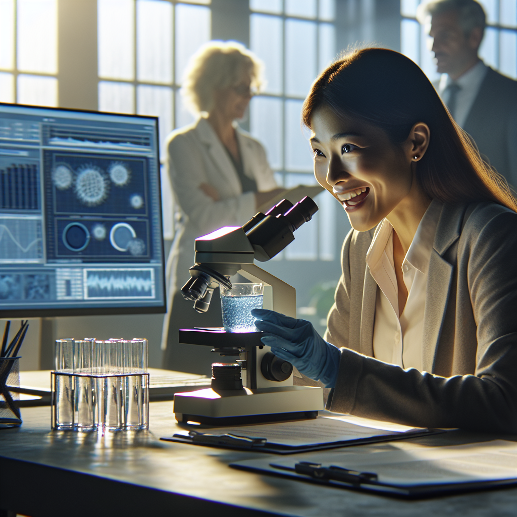 Visualize a scene portraying a stunning breakthrough in a water investigation, which was conducted by a health organization. The image should be of a scientist, with an Asian descent and female gender, in a modern laboratory, analyzing a sample of water under a microscope. The expression on her face conveys the excitement of discovery. In the background, there are her colleagues, a Caucasian man and a Middle-Eastern woman, discussing insights from a large monitor displaying data graphs and charts. The setting is under natural lighting, casting soft shadows around, enhancing the overall realism of the scene.