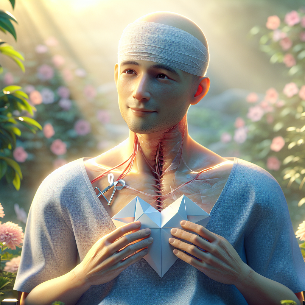 Generate a high-quality, photorealistic image using natural lighting and soft shadows. The scene is centered around an incredibly inspiring story of survival after a transplant. The main subject is a unspecified gender patient with a hopeful expression on their face, probably sitting in a sunny garden, holding an origami heart symbolizing their new lease on life, with visible surgical scar on their chest. The background provides a calm and soothing environment, filled with blooming flowers and lush green plants, suggesting a new beginning, symbolic of the patient's remarkable recovery journey.