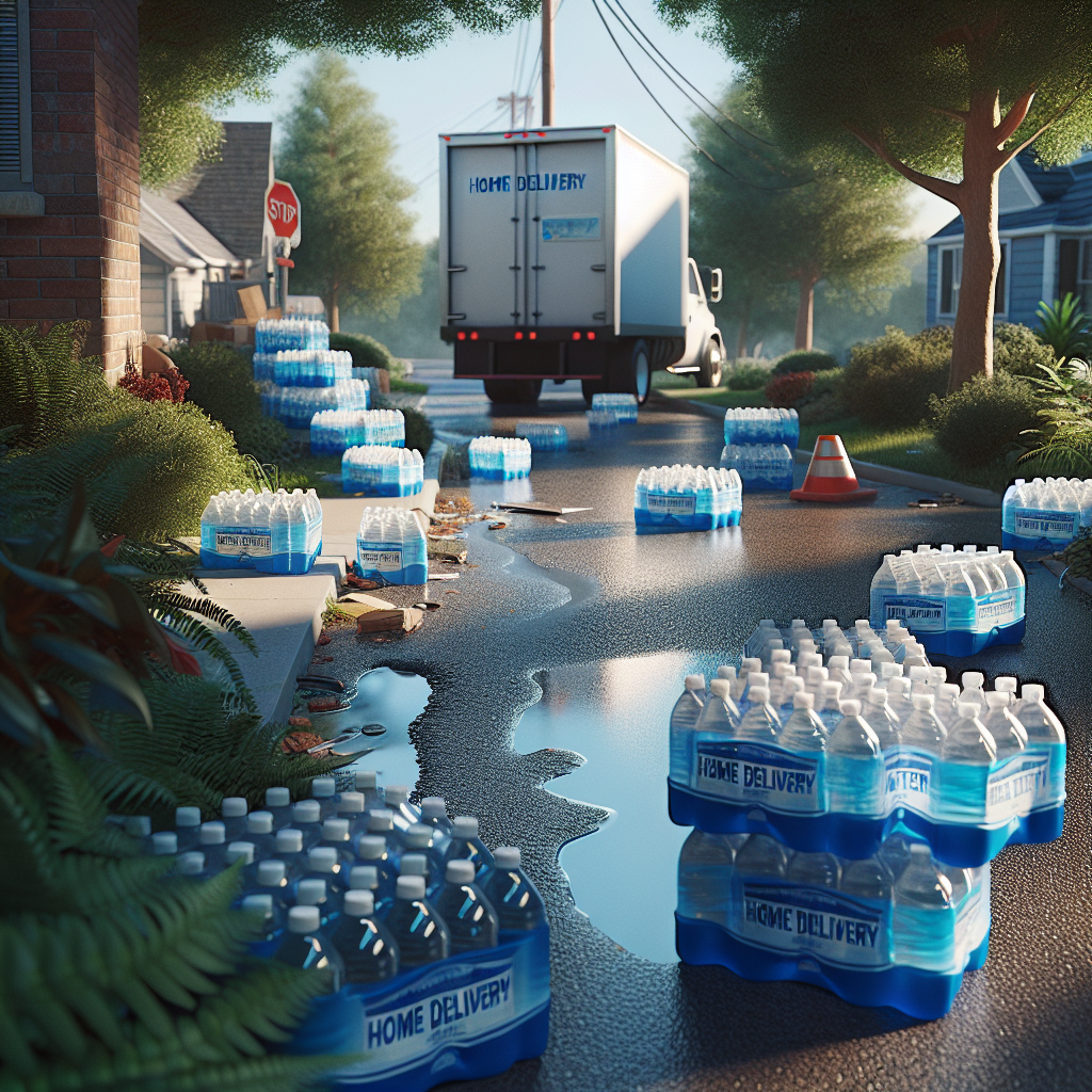 Create a photorealistic, visually impactful depiction of a water delivery system at a typical residence, with particular attention to details suggestive of potential contamination. The scene should highlight the use of natural light, casting soft shadows, maintained to contribute to a concerning atmosphere. Some critical features to include: prominently visible water bottles marked 'Home Delivery' that look scuffed or dirty, scattered around a household driveway; a delivery truck in the background; signs of negligence such as spills or broken seals on the containers.