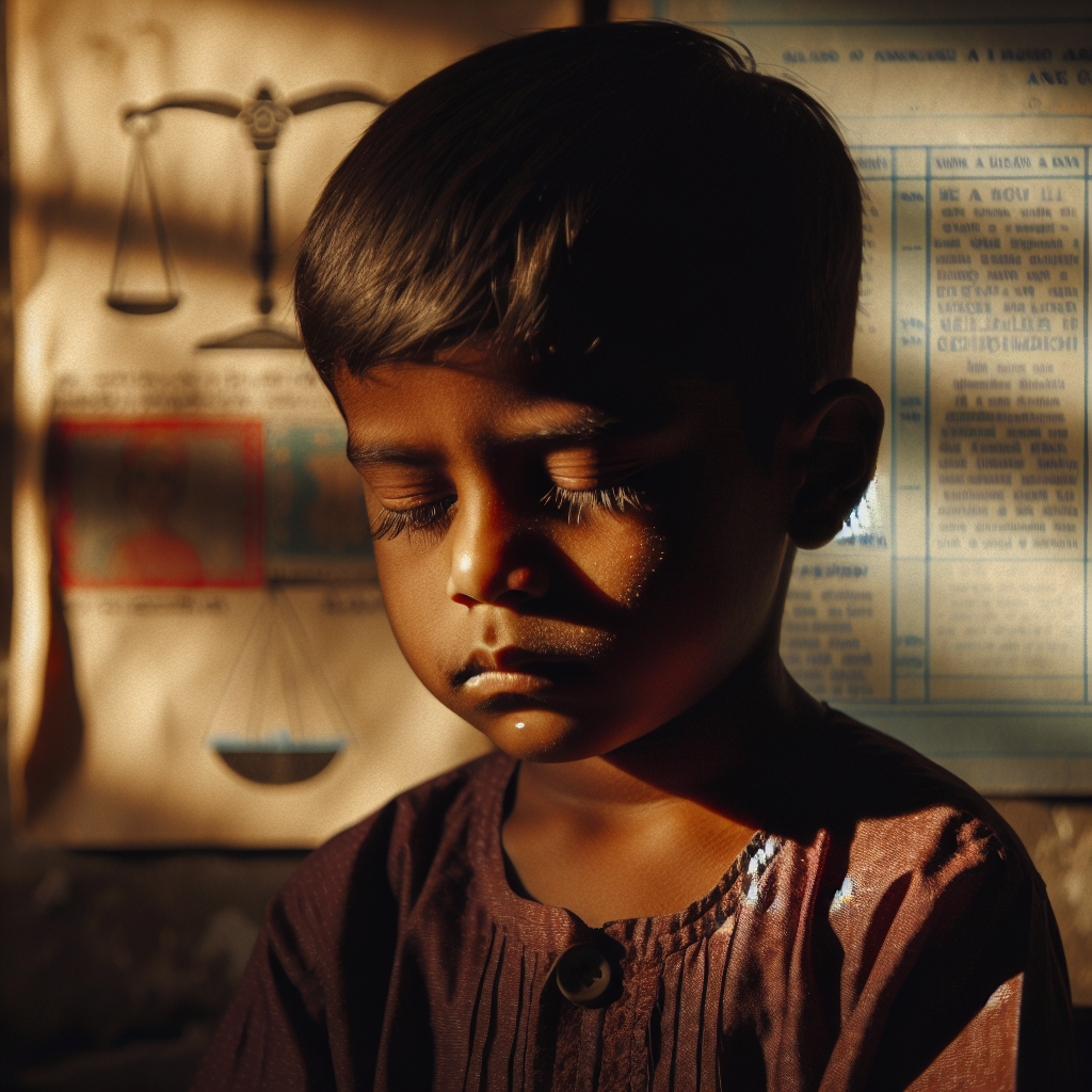 A poignant depiction of a solemn 5-year-old child, with gentle natural lighting that softly casts long shadows. The child appears to be South Asian and is of unidentified gender, sitting in a nondescript setting. There's a symbolic artifact - like a water droplet - hinting at a major adverse event. Denote elements of a legal concept subtly, such as a document in the background or a scale in parity. It should evoke feelings of empathy and reveals a story of struggle against injustice.