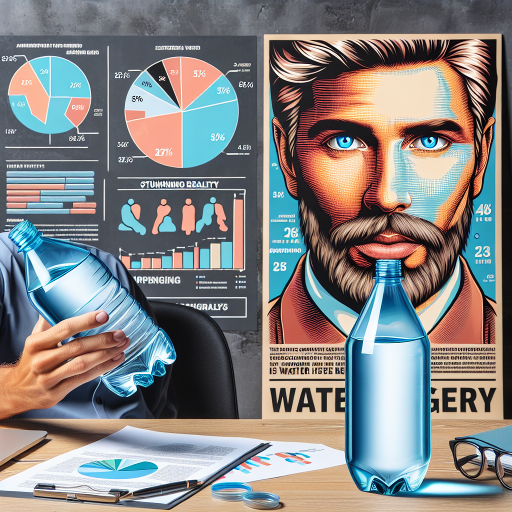 Create an illustrative image of a man in his mid-50s, in casual clothing who embodies the persona of an avid follower of a popular religious philosophy. Display the stunning reality of a water controversy- There pictorial water infographics, pie charts, showing alarming stats, and a large bottle of water on a table prominently, reminiscent of an intense discussion about water conservation issues.