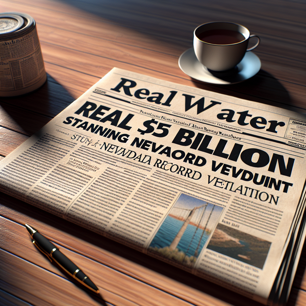 Create a photorealistic image depicting a fictitious newspaper headline that reads 'Real Water $5 Billion: Stunning Nevada Record Verdict'. The scene is illuminated by natural light, casting soft shadows. The paper should be placed on a wooden table with a cup of coffee and a pen near it. Include detail such as the texture of the newsprint and the woodgrain of the table.