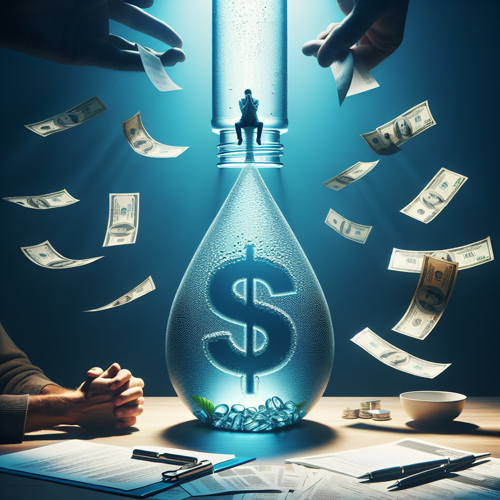 Create a powerful image that signifies the concept of high medical costs for water-related health issues leading to financial difficulties. The design should carry a feel of realism with natural lighting and soft shadows. The prominent elements could be a clear water droplet forming the shape of a dollar sign, a stressed individual looking at a long receipt symbolizing hefty medical bills, on a table with paper flying around depicting fading financial stability. This all under the shadow of a looming medicinal bottle signifying a water-related ailment. All with elements like unopened bills scattered around.