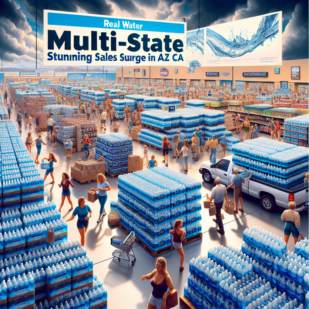 Generate a photorealistic image that showcases vivid scenes of a sales surge for bottled water in both Arizona and California. The image should feature an array of stores with crowds of people purchasing the product, pallets of the water bottles being loaded off trucks, full shelves in supermarkets, and happy customers enjoying their purchase. The scenes should be illuminated with natural light, casting soft shadows, which lends an almost serene grace to the otherwise hurried activity. The label 'Real Water Multi-State: Stunning Sales Surge in AZ & CA' is displayed prominently, perhaps in the sky, akin to an ethereal headline or newspaper clipping.