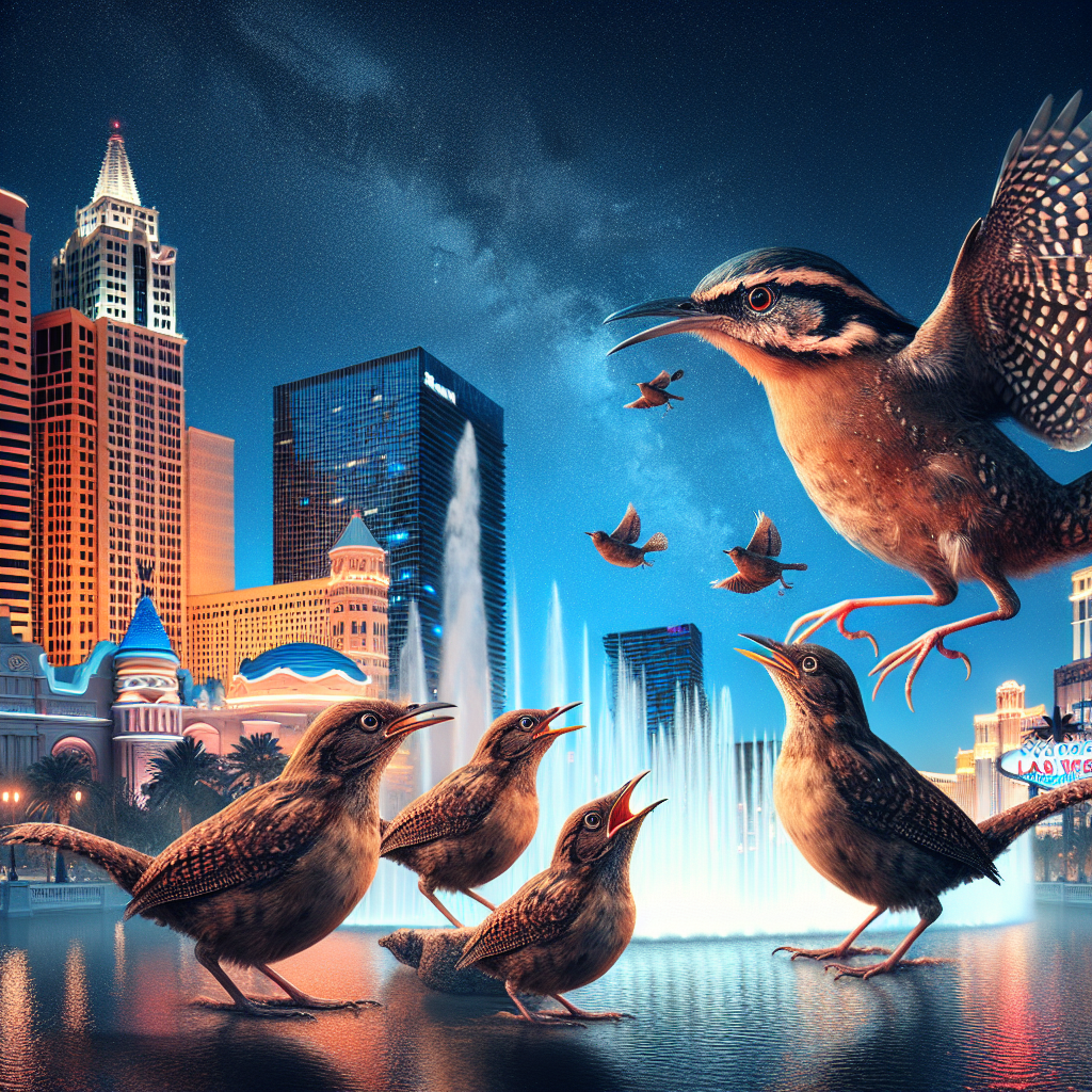 Generate a high-quality, photorealistic image using natural lighting and soft shadows. Picture a family of wrens who find themselves in a surreal situation: they have landed in a city filled with towering buildings and flashing lights, which is completely out of their natural habitat. This should not look like a traditional nightmare with dark, scary elements - rather it should look bizarre and out of place, representing their bewilderment and awe. The backdrop is Las Vegas, with its iconic scintillating skyline and fountains, illuminated under the evening star-lit sky.
