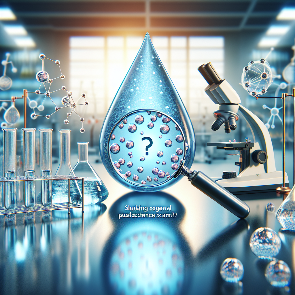 Generate an illustration showcasing the concept of 'Real Water Negative Ions'. Overlay a question mark on the image to symbolize the question, 'Shocking Pseudoscience Scam?'. Use a photorealistic style with natural lighting and soft shadows. Include a water droplet magnified to reveal clusters of negative ions. In the background, include a scientific laboratory setup with glass beakers, microscopes, and other scientific equipment.