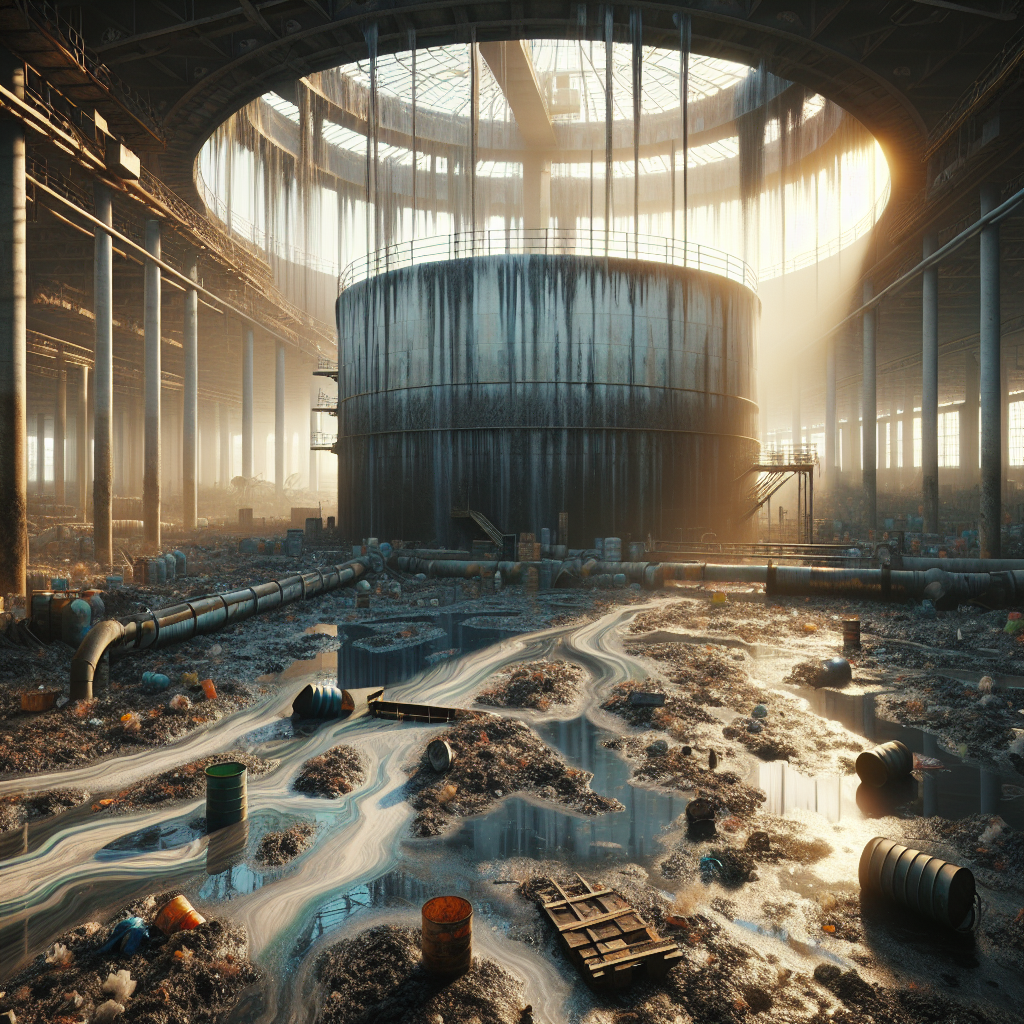 Create a highly detailed, photorealistic image that tells a vivid narrative of water tank contamination. The scene should include a large water tank, visible signs of negligence and lack of hygiene. Display the water with various shades of discolouration to indicate poor quality. The surrounding environment should evoke a sense of abandonment, featuring crude structures and discarded objects. Use notes of natural lighting, along with the play of soft shadows to strike a visually compelling, yet stirring vista of this stunning sanitation failure.