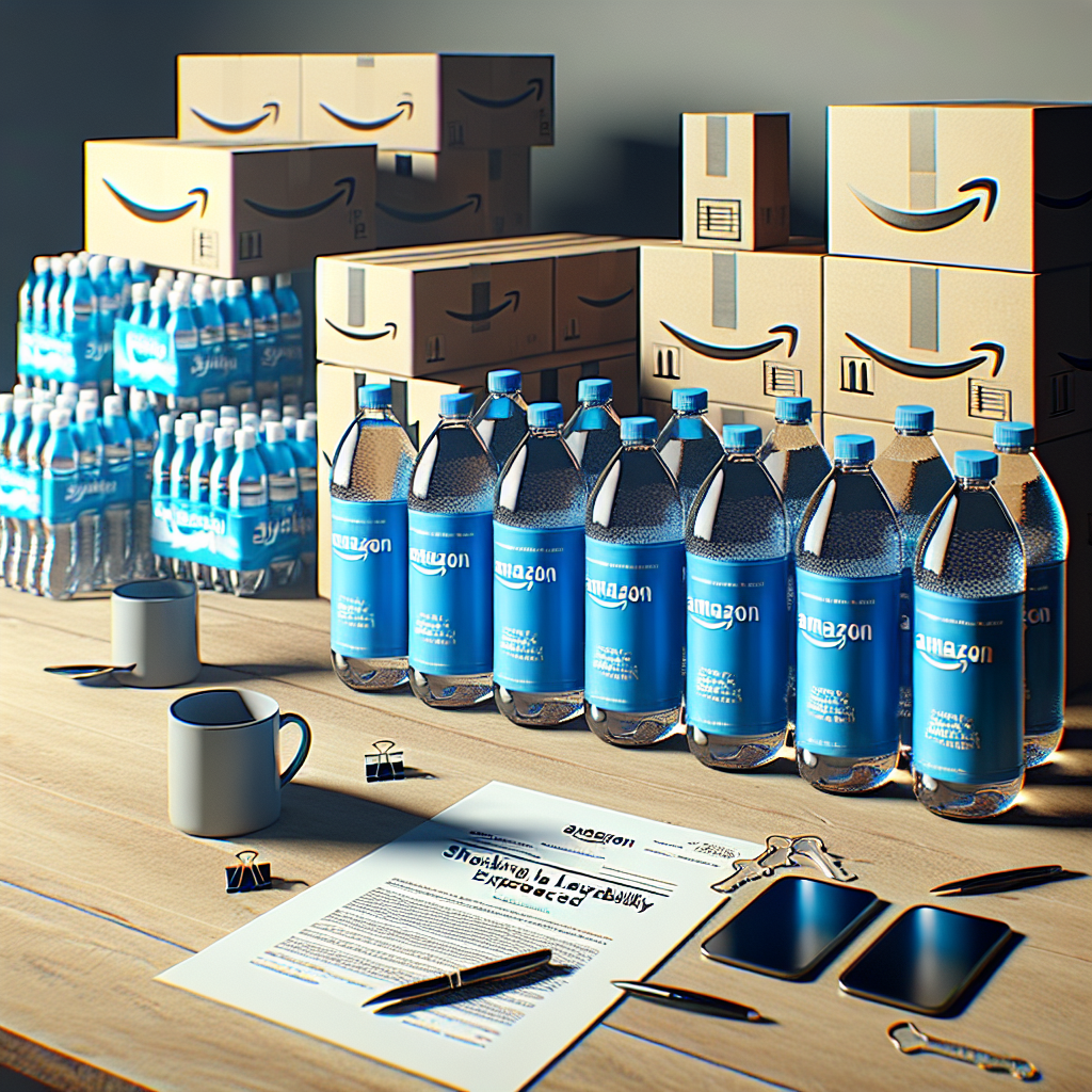 Visualize an illustrative and high-quality, photorealistic image showing a typical scene of Amazon sales. The scene should prominently feature a collection of water bottles, emphasizing a feeling of 'exclusivity' using unique branding and packaging. Shading should express soft shadows and the image should be imbued with natural lighting. In the scene, subtly embed the concept of 'shocking liability exposed', perhaps represented through an open contract or legal document on the table next to the water bottles. Please avoid showing any specific real-world logos or brands.