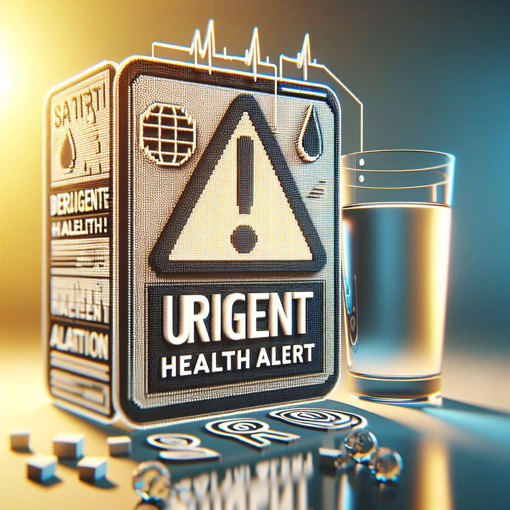 Generate a high-quality, photorealistic image that depicts a communication alert regarding the health and safety of water. The image should feature a bold headline that reads: 'Urgent Health Alert!' The imagery should be enhanced with the visual elements associated with natural lighting and soft shadows. Add a symbol often used for warning or caution, such as a triangle with an exclamation point inside. To refine the theme further, include a glass of water in the foreground and a background that conveys urgency and importance.
