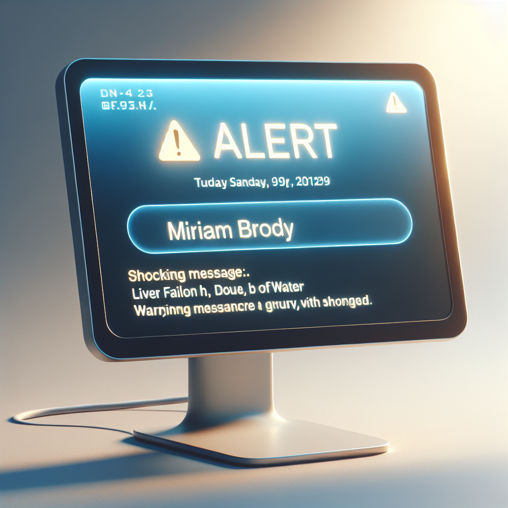 A photorealistic image with natural lighting and soft shadows, depicting a shocking alert message related to liver failure due to water on a monitor. The name 'Miriam Brody' is prominently displayed, suggesting that the warning message recipient or the author of this alert is named Miriam Brody.
